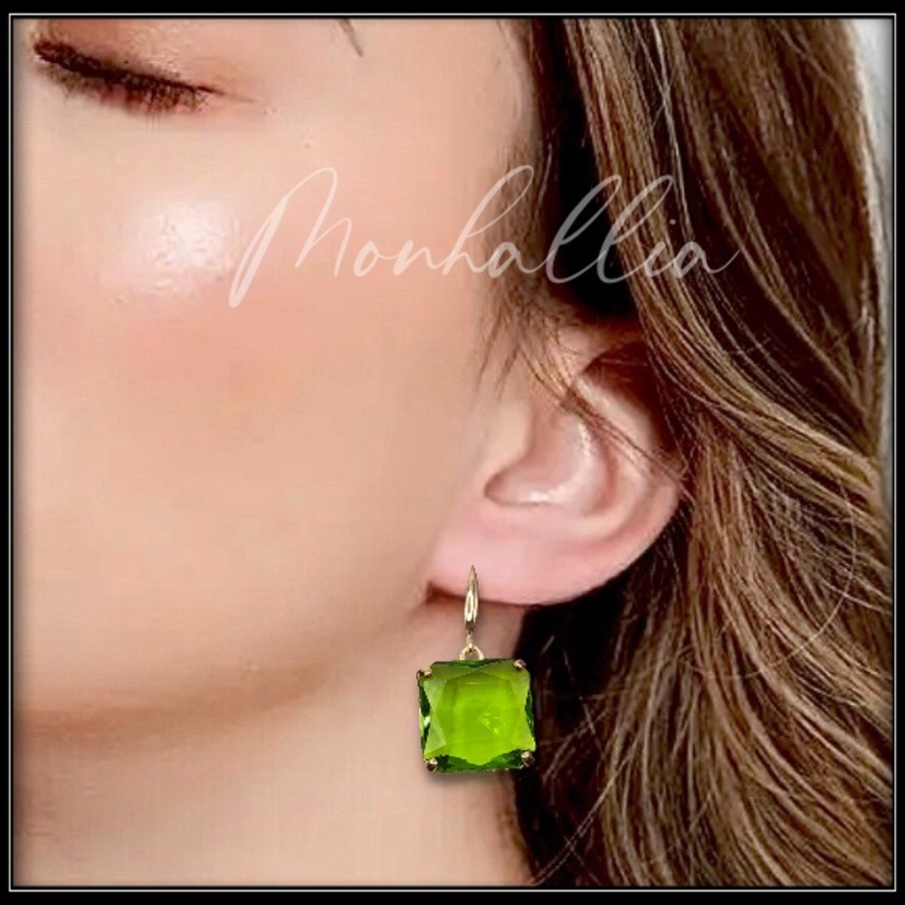 925 ice cube peridot emerald cut green gold translucent crystal lucite earrings - Picture 4 of 4